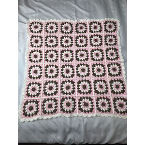 Handmade Crochet Baby Girl Blanket Afghan Pink Brown White 34x34